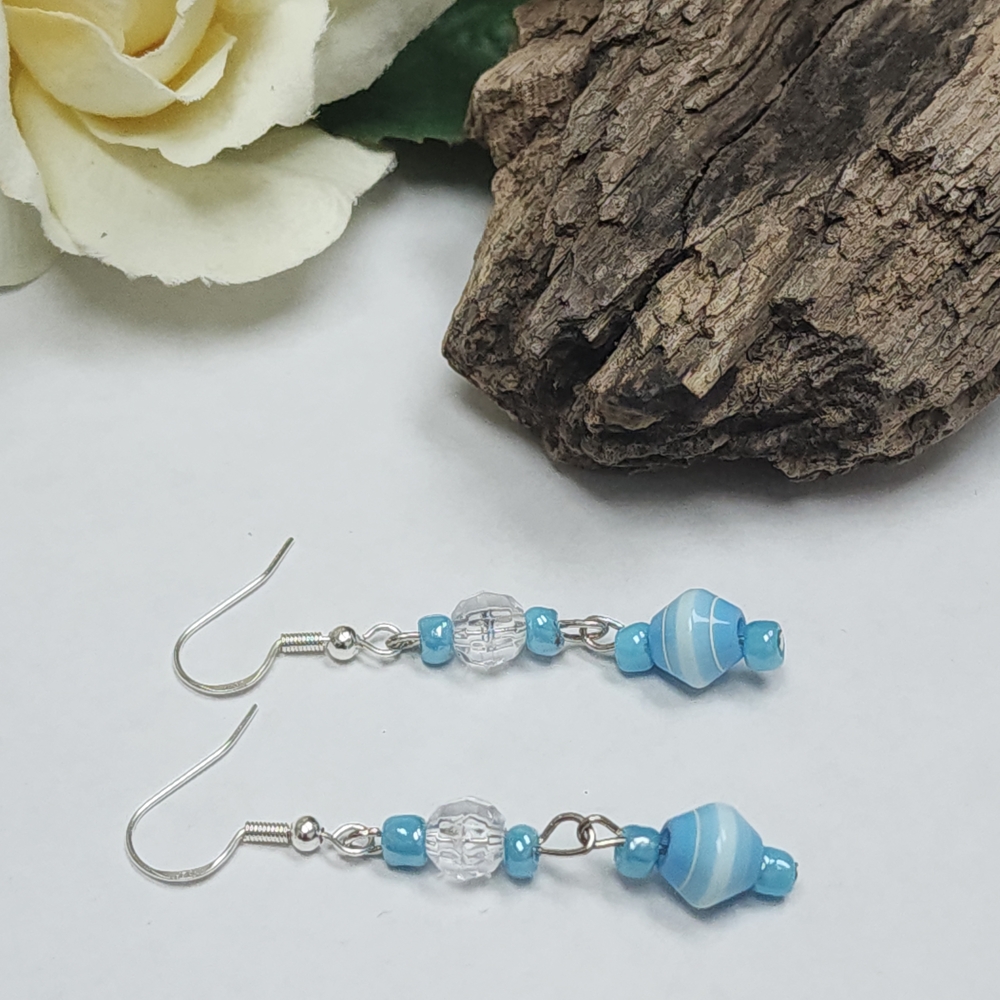Hand Crafted Blue & White Beaded Earrings